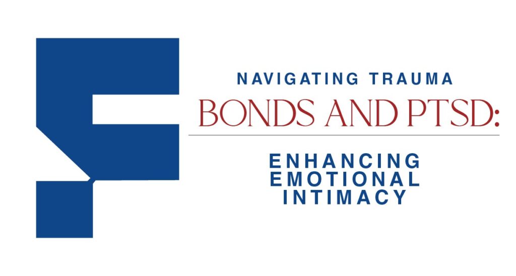 Text reading “Navigating Trauma Bonds and PTSD: Enhancing Emotional Intimacy” displayed alongside a bold blue abstract geometric shape on a white background.